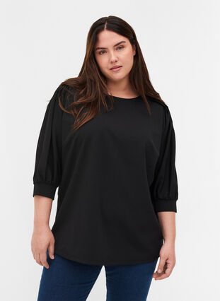 Bluse med 3/4-ermer og plisséfolder, Black, Model image number 0