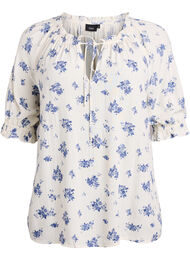 Blomstret viskosebluse med halvlange ermer, White w. Blue Flower