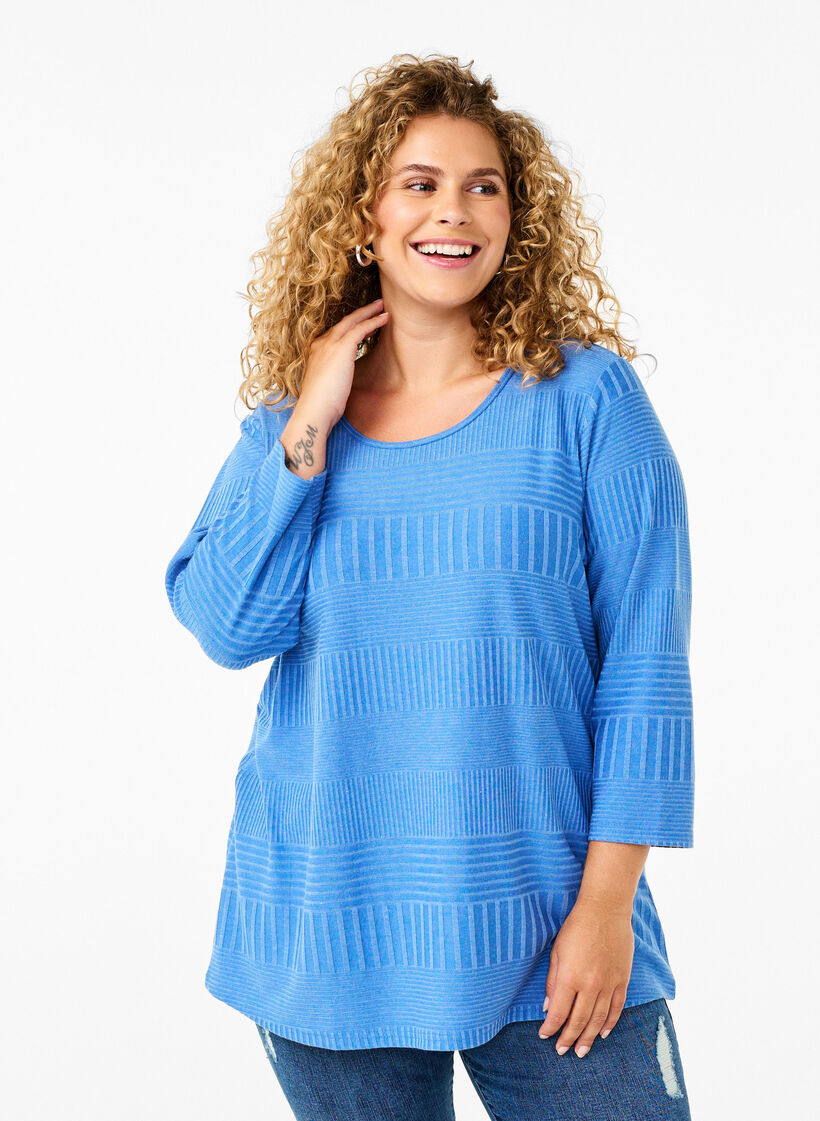 Bluse med 3/4-ermer og stripemønster, Princess Blue Mel., Model image number 0