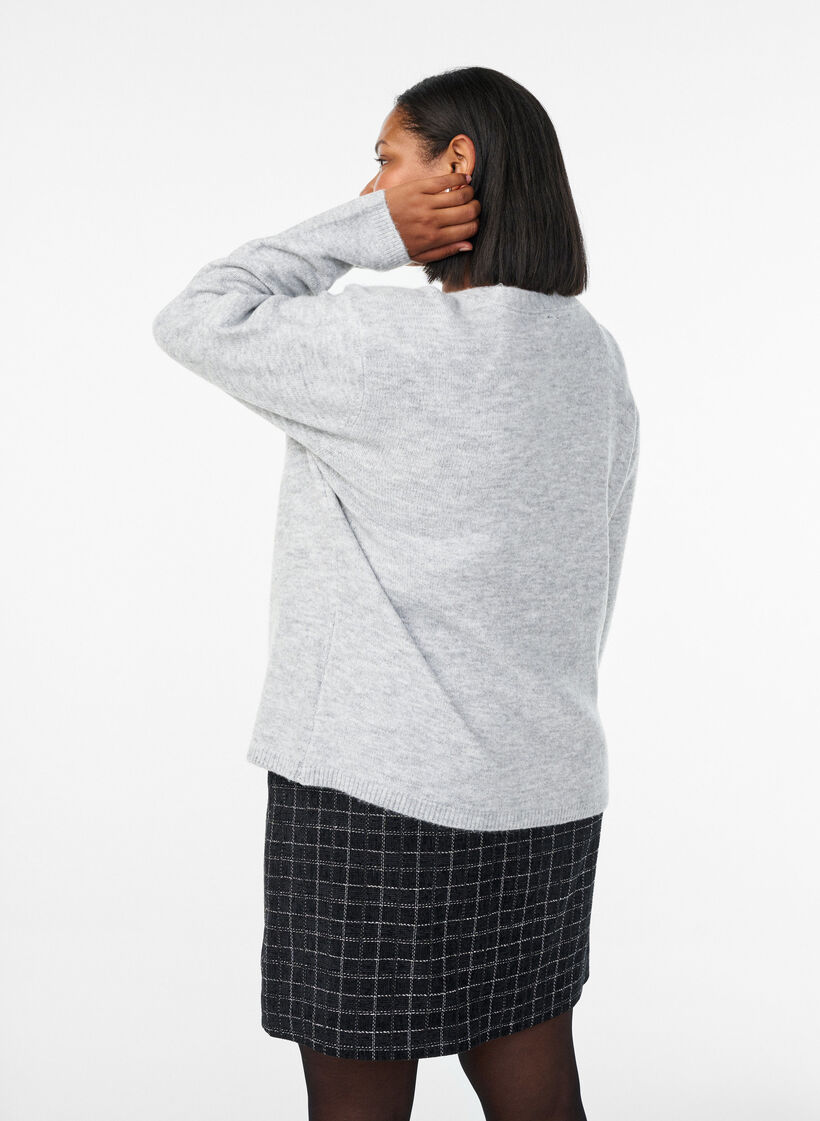 Cardigan med V-hals og broderte blomster, Grå, Model image number 2