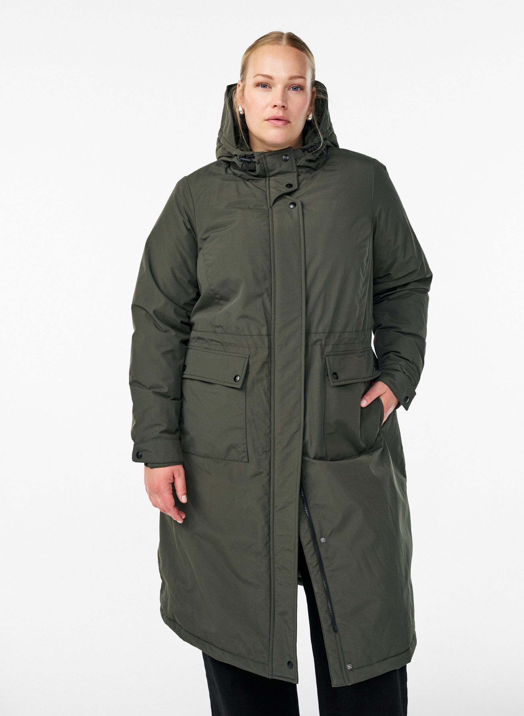 Parka med hette og justerbar midje, Gr&oslash;nn, Model