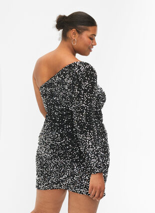 Kort one-shoulder-kjole med paljetter, Black/Silver Sequins, Model image number 1