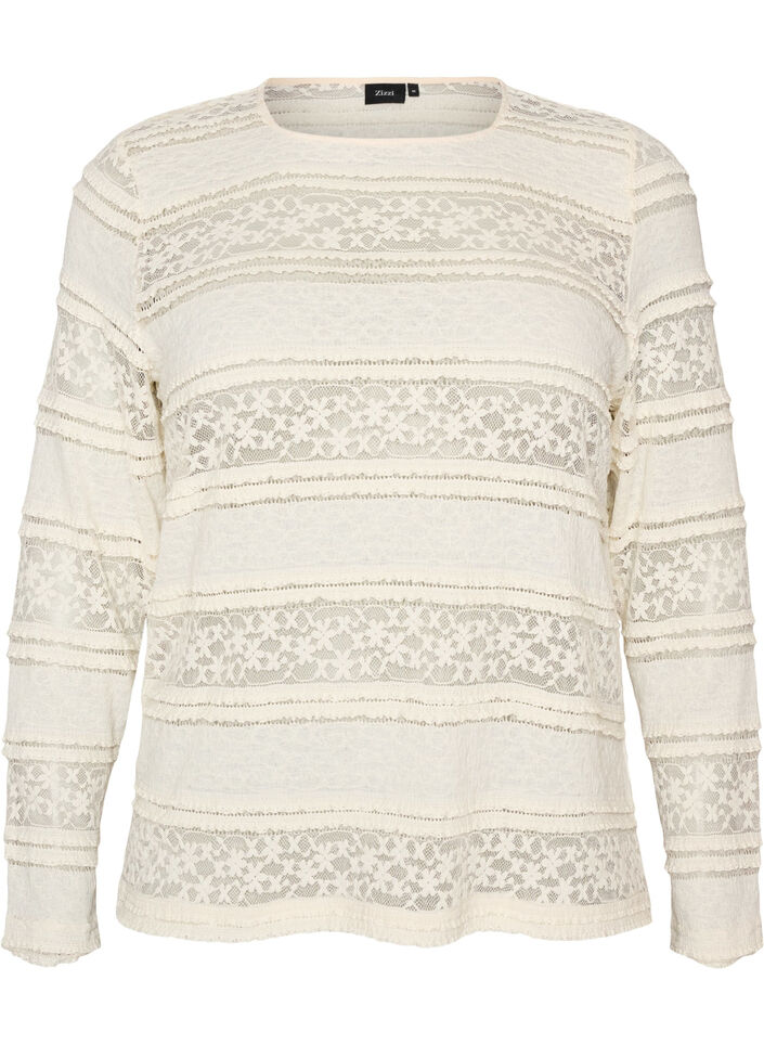 Bluse med blonder og lange ermer, Vanilje, Packshot image number 0