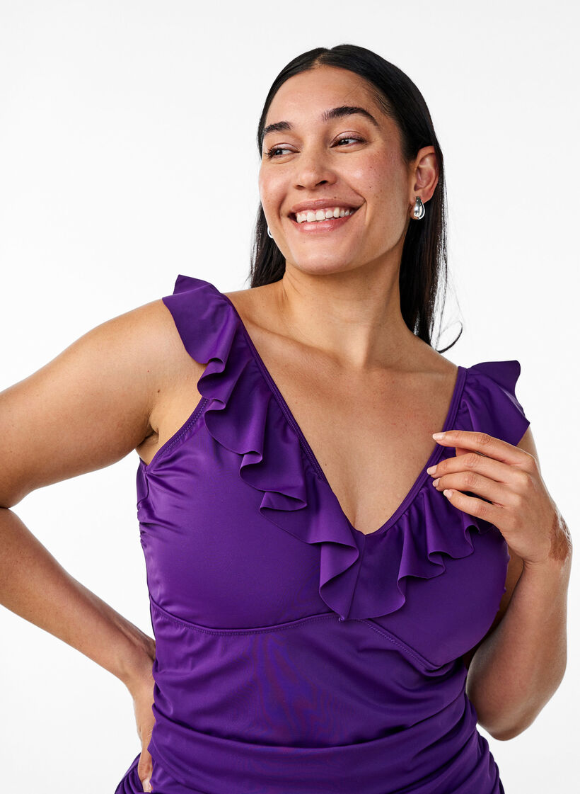 Badedrakt med volanger og uttagbare innlegg, Lilla, Model image number 2