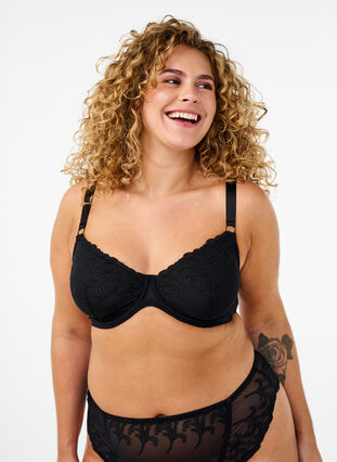 Zizzi Full dekkende BH i mesh med brodert mønster, Svart, Model image number 0