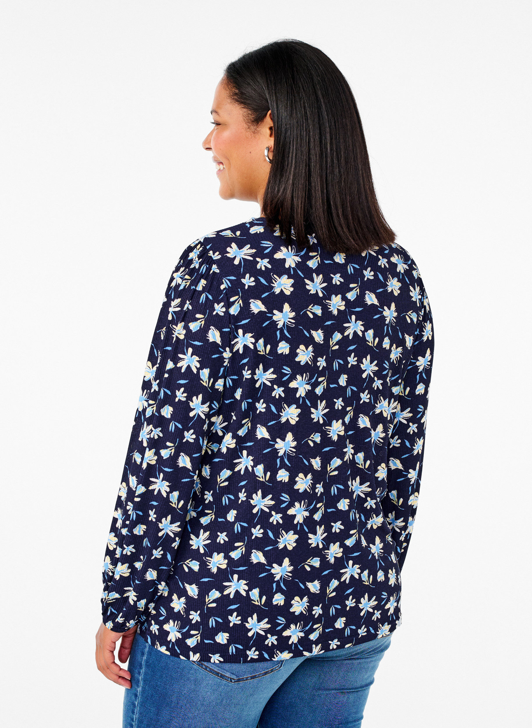 Zizzi Bluse med lange ermer og blomstertrykk, Bl&aring;, Model image number 2