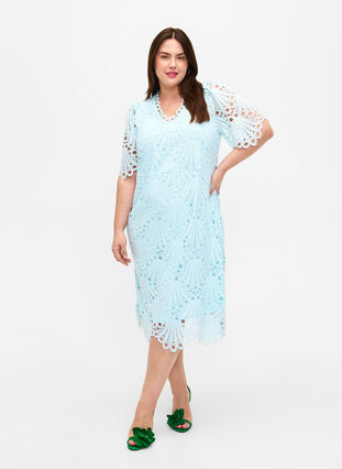 Heklet kjole med korte ermer, Delicate Blue, Model image number 0