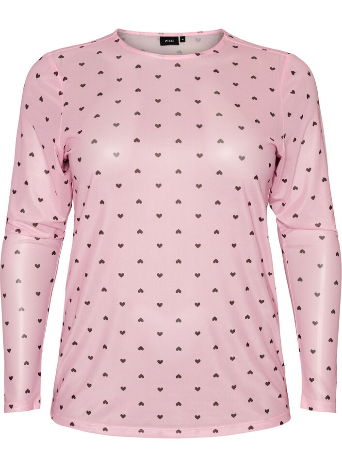 Mesh bluse med trykk, Rosa, Packshot image number 0