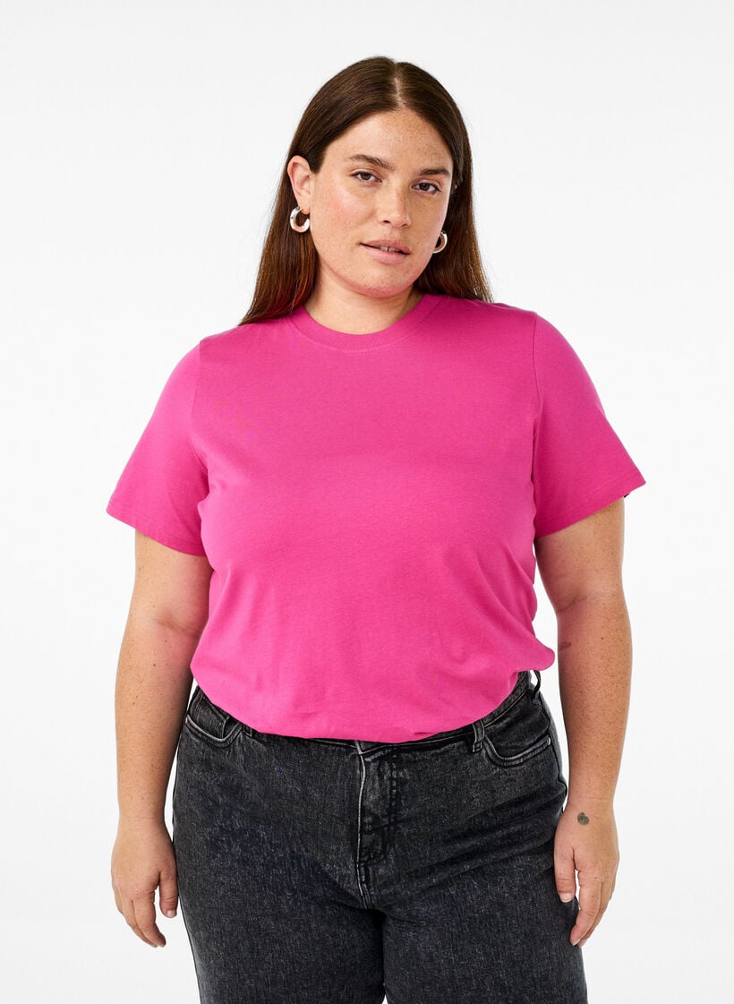 Basic T-skjorte i bomull med rund hals, Rosa, Model image number 0