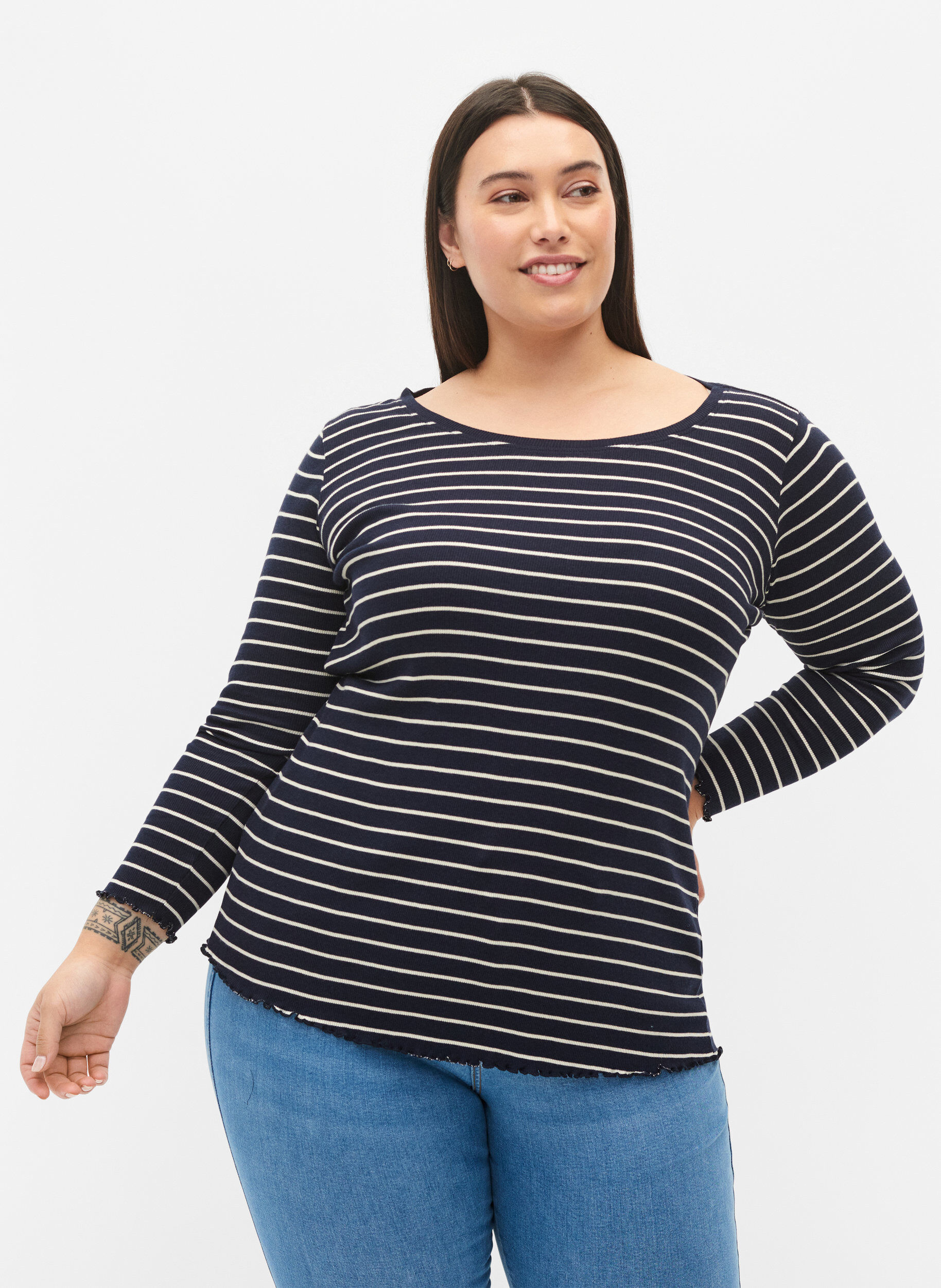 Zizzi Stripete genser med rund hals, Night Sky Stripe, Model image number 0