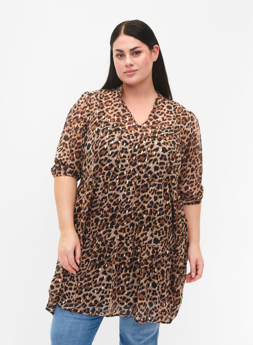 Tunika med leopardmønster og lurex, Leopard AOP, Model image number 0