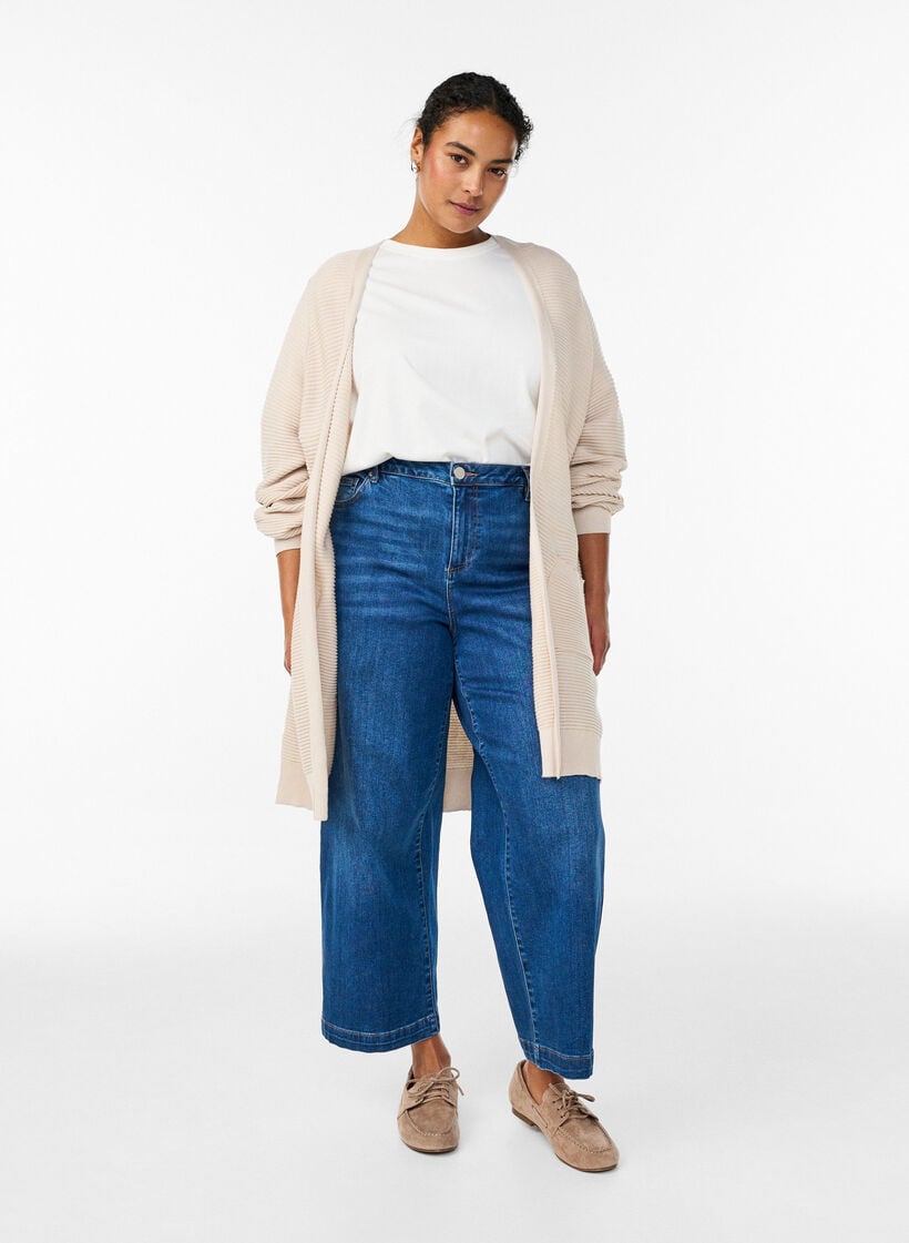 Lang ribbestrikket bomullskardigan, Beige, Model image number 1