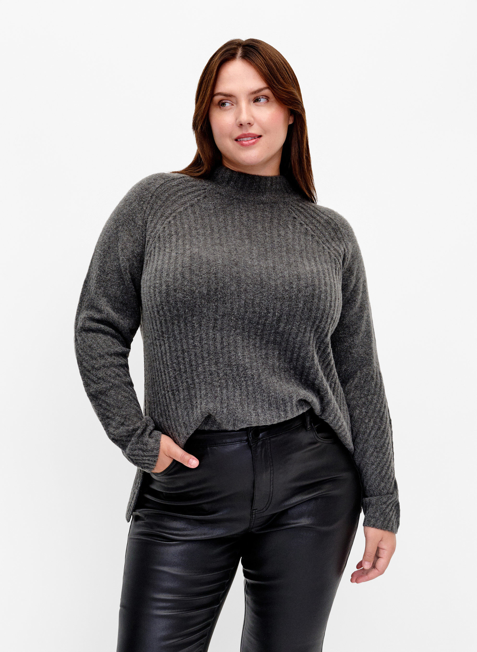 Zizzi Genser med turtleneck og ribbestrikket struktur	, Dark Grey Melange, Model image number 0