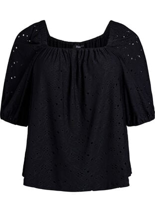 Zizzi Bluse med korte puffede ermer og hullmønster, Svart, Packshot image number 0
