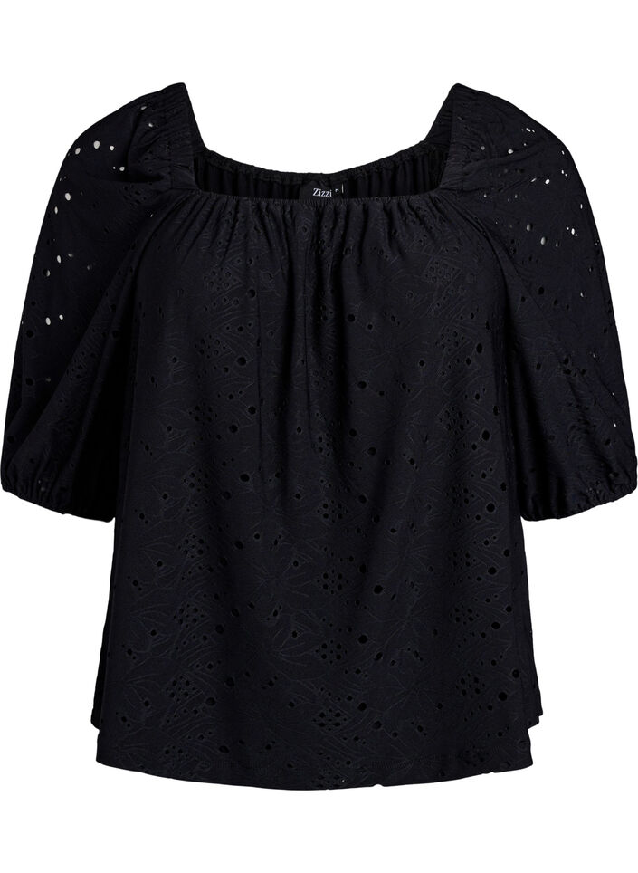 Bluse med korte puffede ermer og hullmønster, Svart, Packshot image number 0