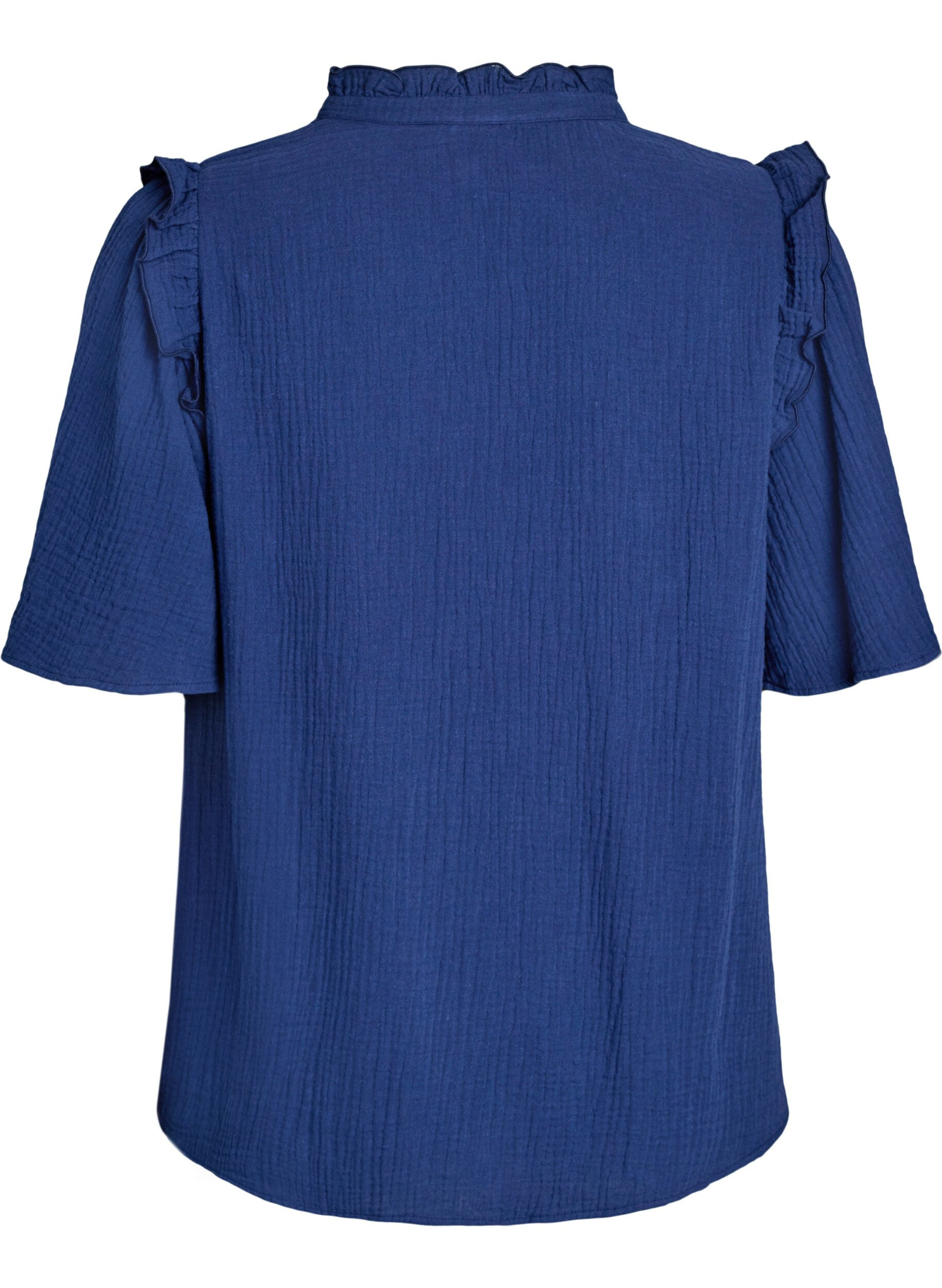 ZizziBluse i bomullsmusselin med broderie anglaise og 1/2 ermer, Bl&aring;, Packshot image number 1