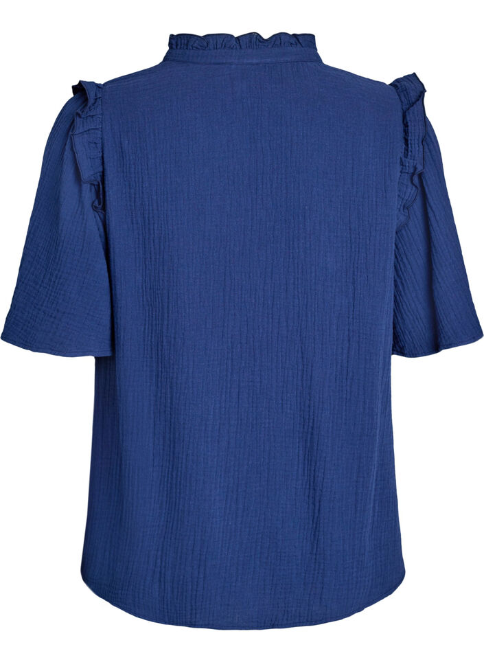 Bluse i bomullsmusselin med broderie anglaise og 1/2 ermer, Bl&aring;, Packshot image number 1