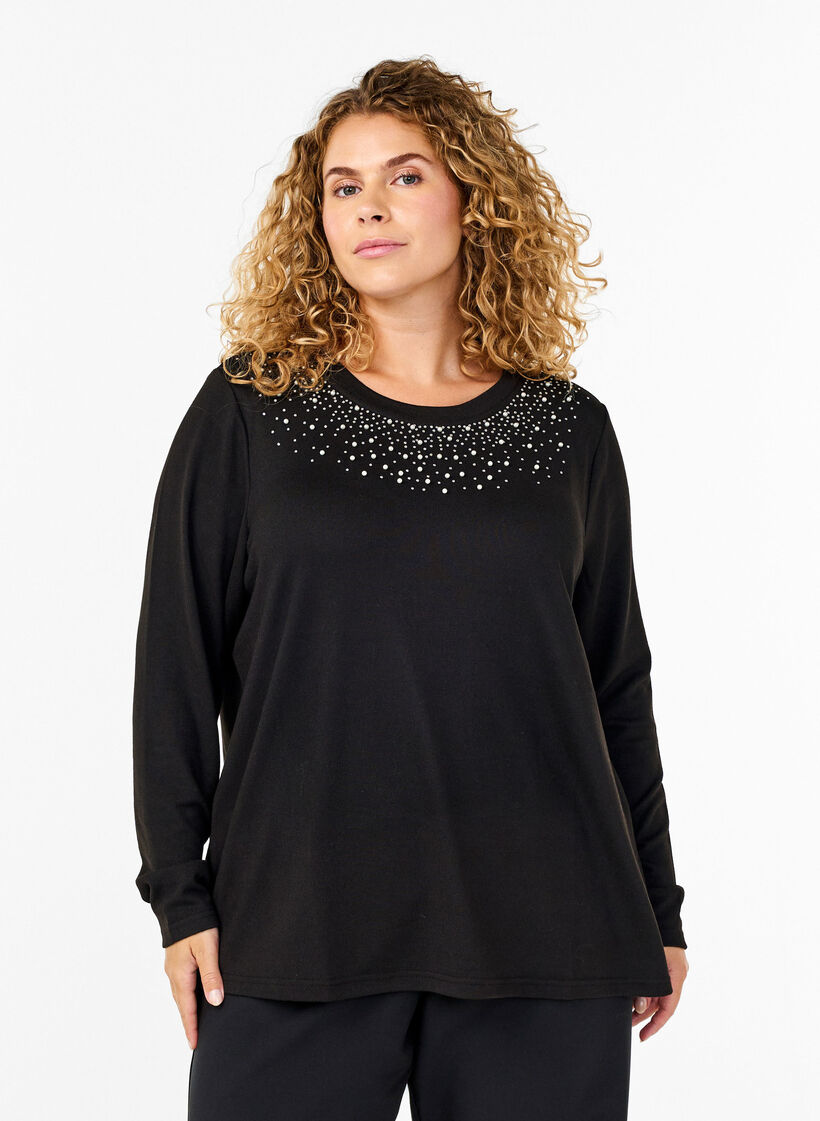 Bluse med perlepynt, Black, Model image number 0