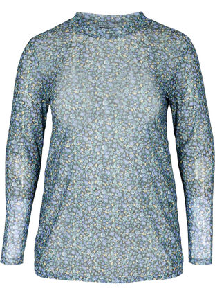 Bluse i mesh med blomstermønster, Black AOP, Packshot image number 0