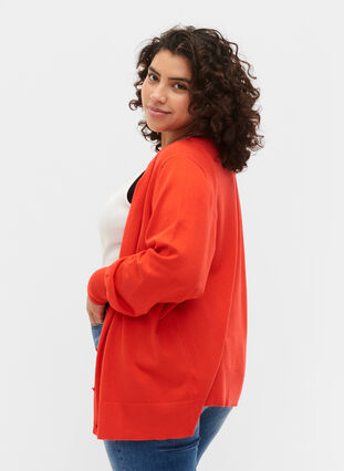 Ribbet cardigan med knappelukking, Poppy Red, Model image number 1