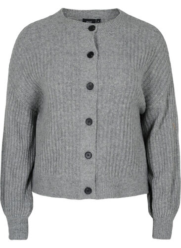Strikket ribbestrikket cardigan med knapper, Medium Grey Melange, Packshot image number 0