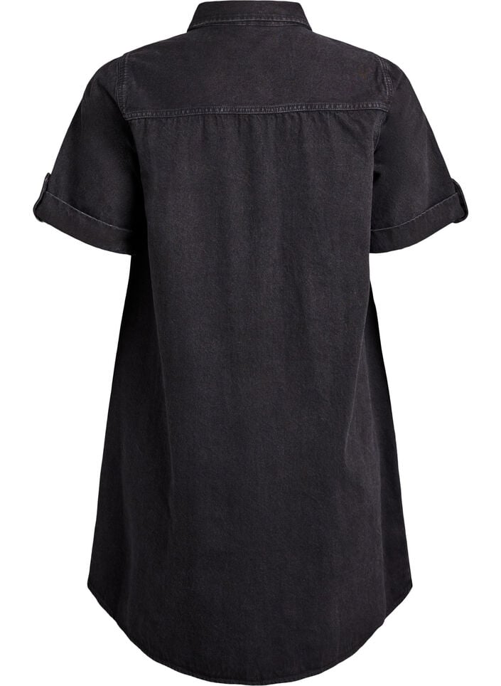 Denimkjole med korte ermer og knapper, Svart, Packshot image number 1