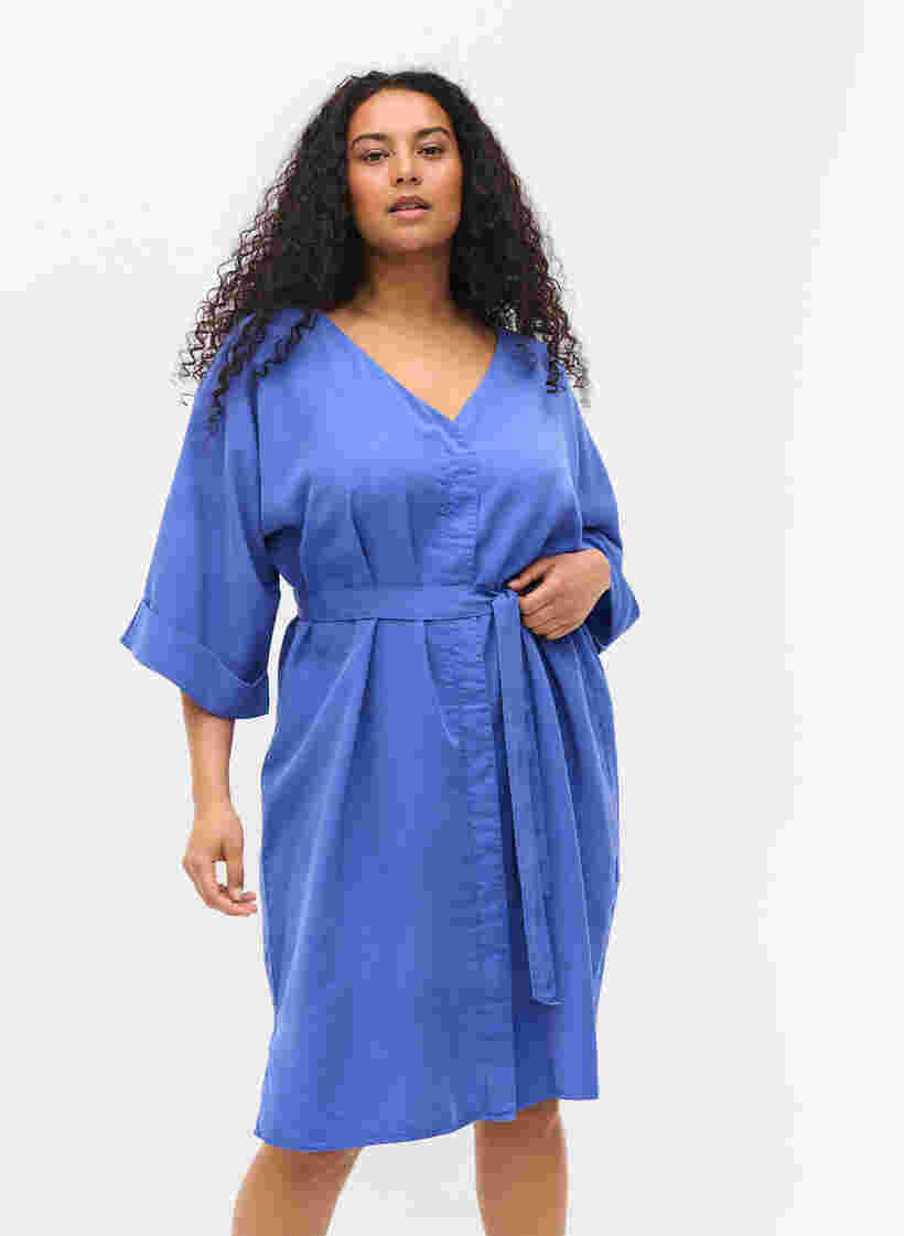 Kjole med 3/4-ermer og knyting, Dazzling Blue, Model image number 0