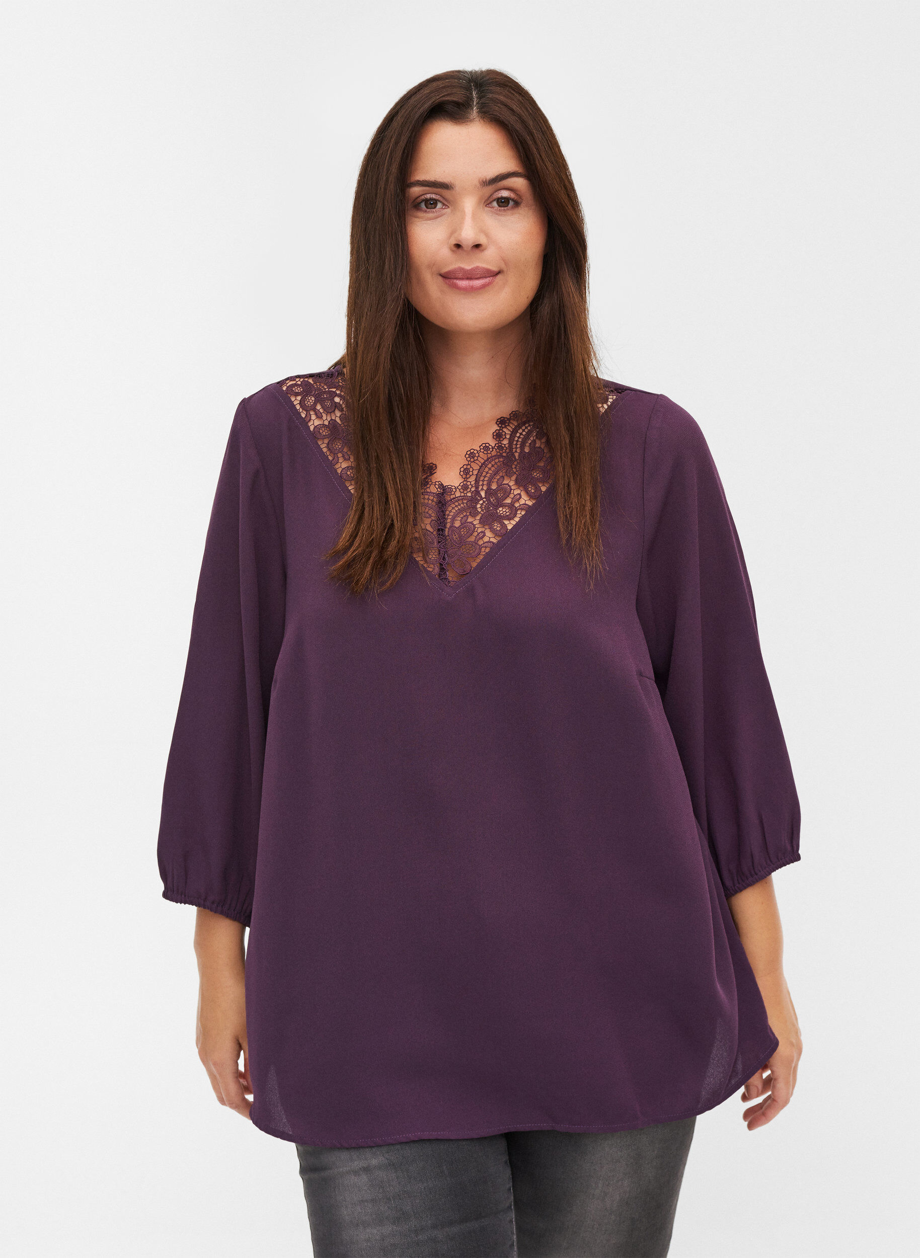 Zizzi Ensfarget bluse med blonder og 3/4-ermer, Plum Perfect, Model image number 0