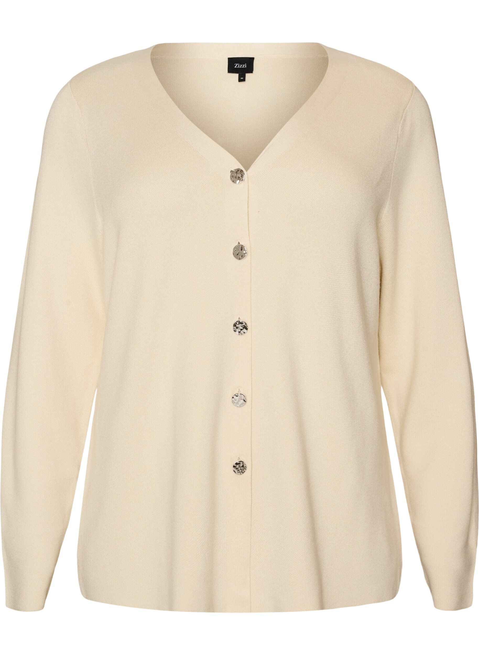 Finstrikket cardigan med dekorative knapper