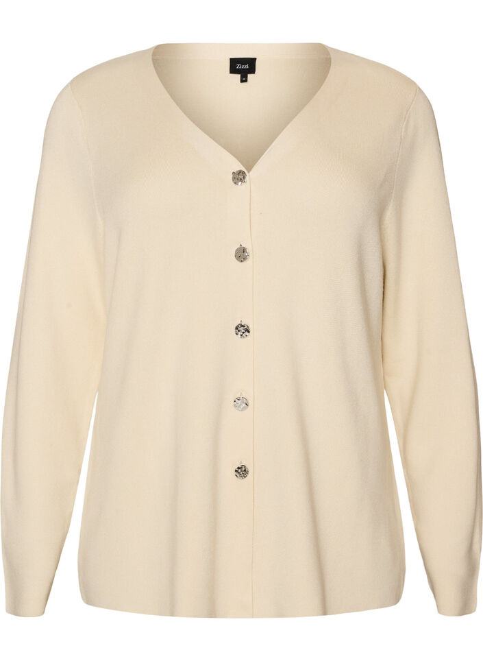 Finstrikket cardigan med dekorative knapper, Vanilje, Packshot image number 0
