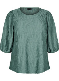Bluse med tekstur og 3/4-ermer, Dark Forest