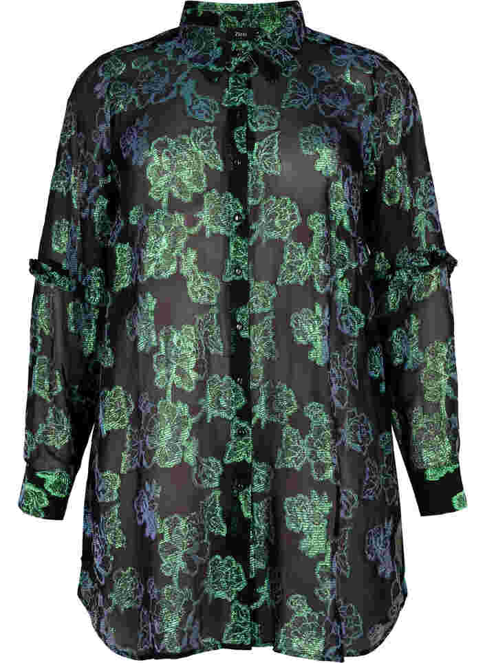 Lang skjorte i viskose med lurex struktur, Black W. Green Lurex, Packshot image number 0
