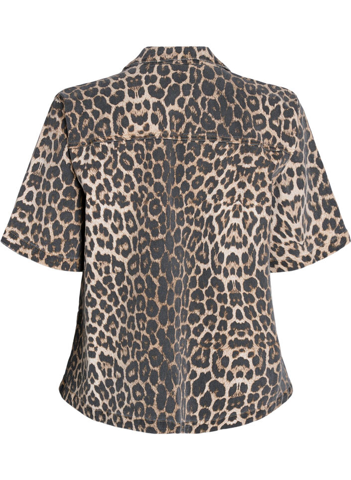 Leopardmønstret denimbluse med krage og halvlange ermer, Brun, Packshot image number 1