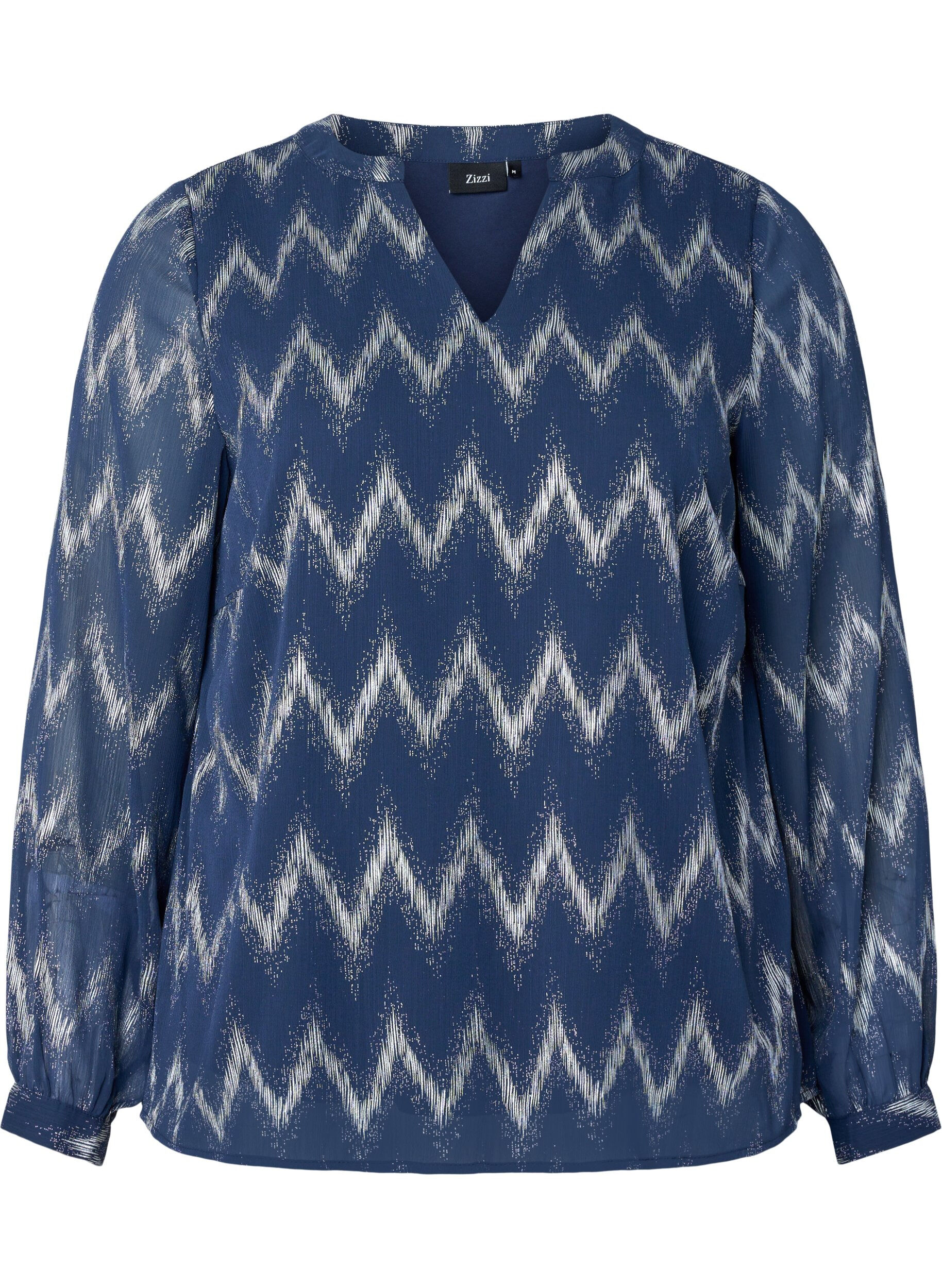 Zizzi Bluse med trykk og v-hals, Bl&aring;, Packshot image number 0