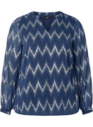 Bluse med trykk og v-hals, Navy B/Silver ZigZag