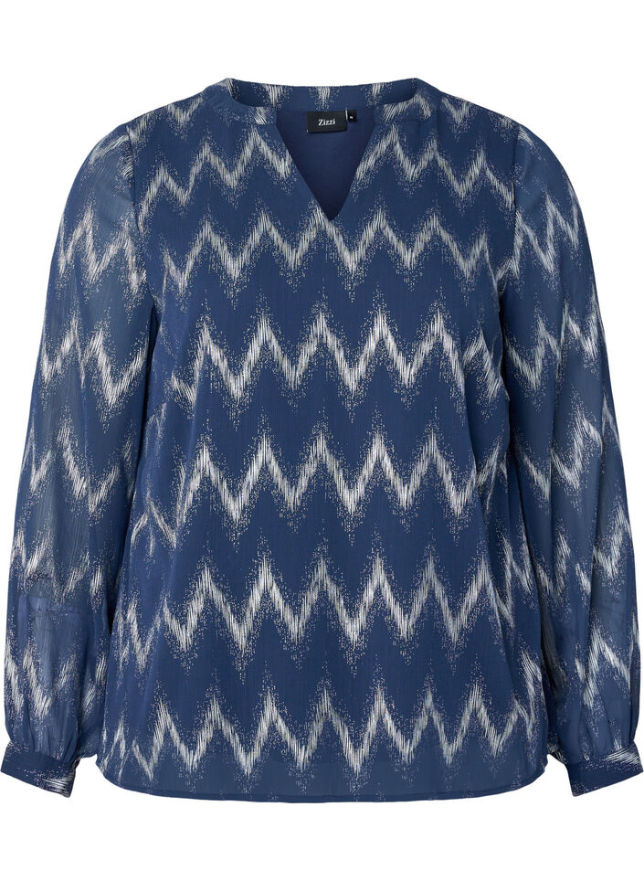 Bluse med trykk og v-hals, Blå, Packshot image number 0