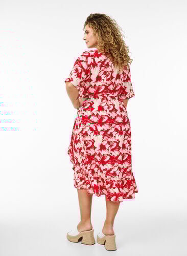 Zizzi Omslagskjole med trykk og korte ermer, Rød, Model image number 1