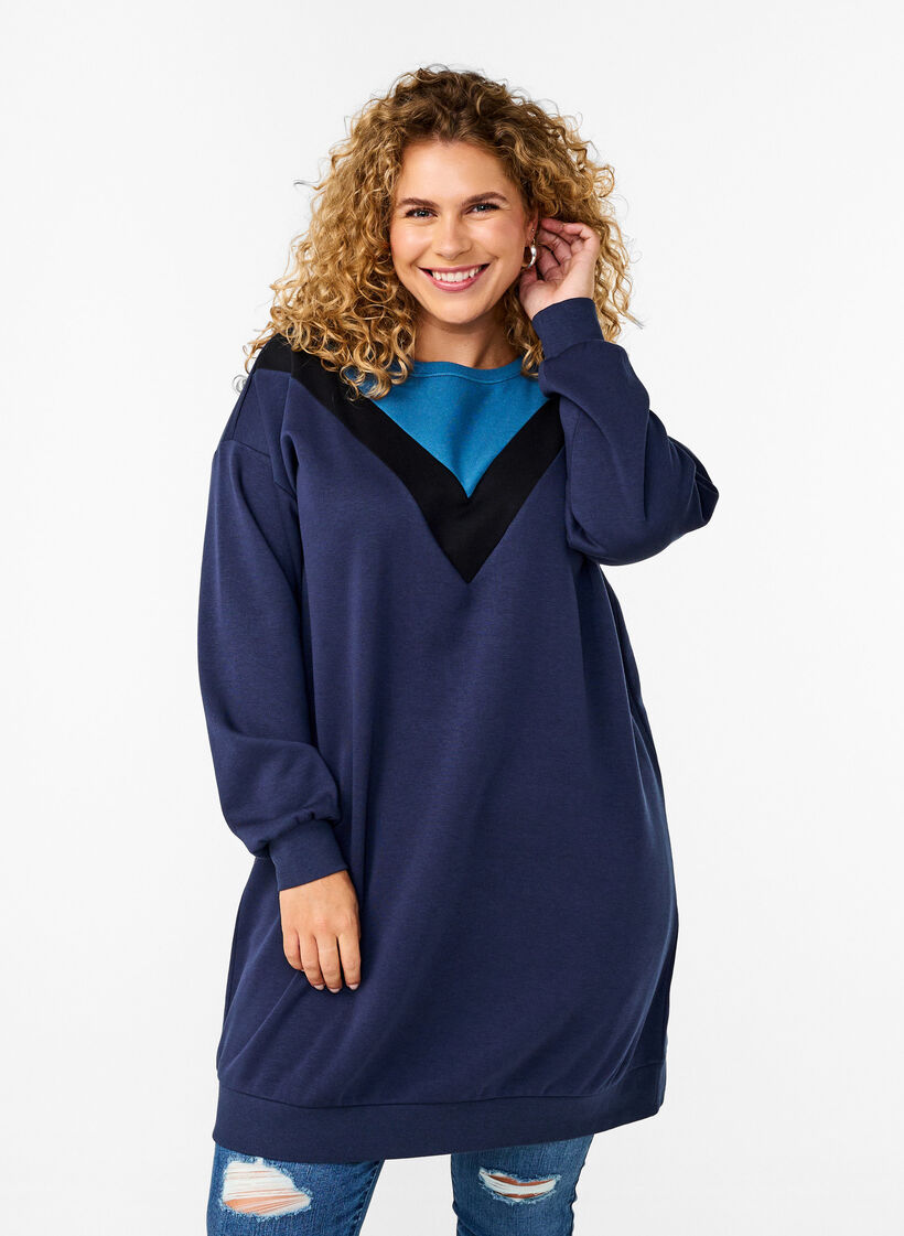 Lang, fargeblokket sweatshirt, Navy B. Color Block, Model image number 0