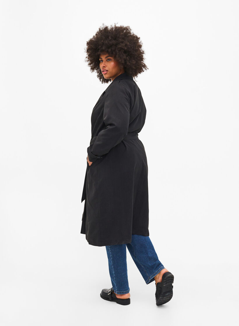 Lang trenchcoat med belte, Black, Model image number 1