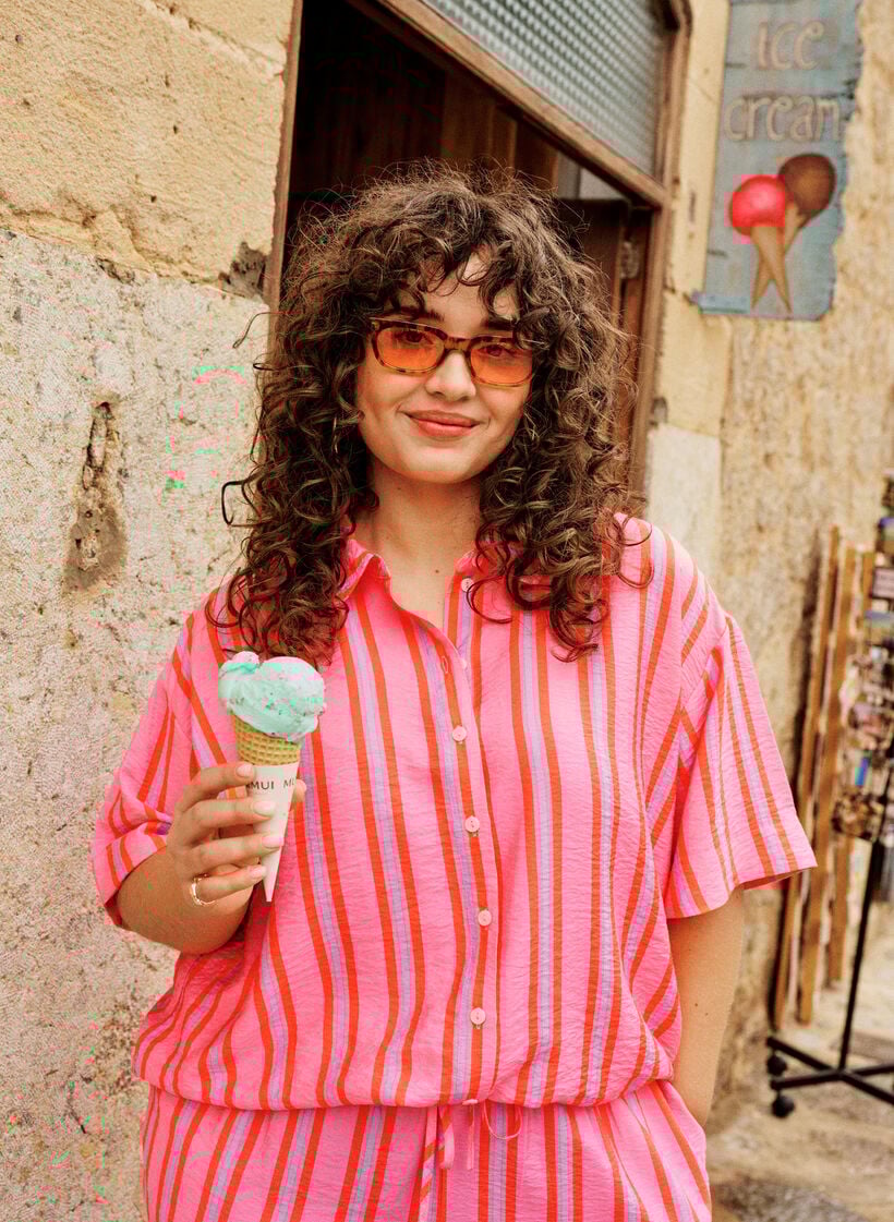 Stripet viskose skjorte med korte ermer, Rosa, Image image number 0