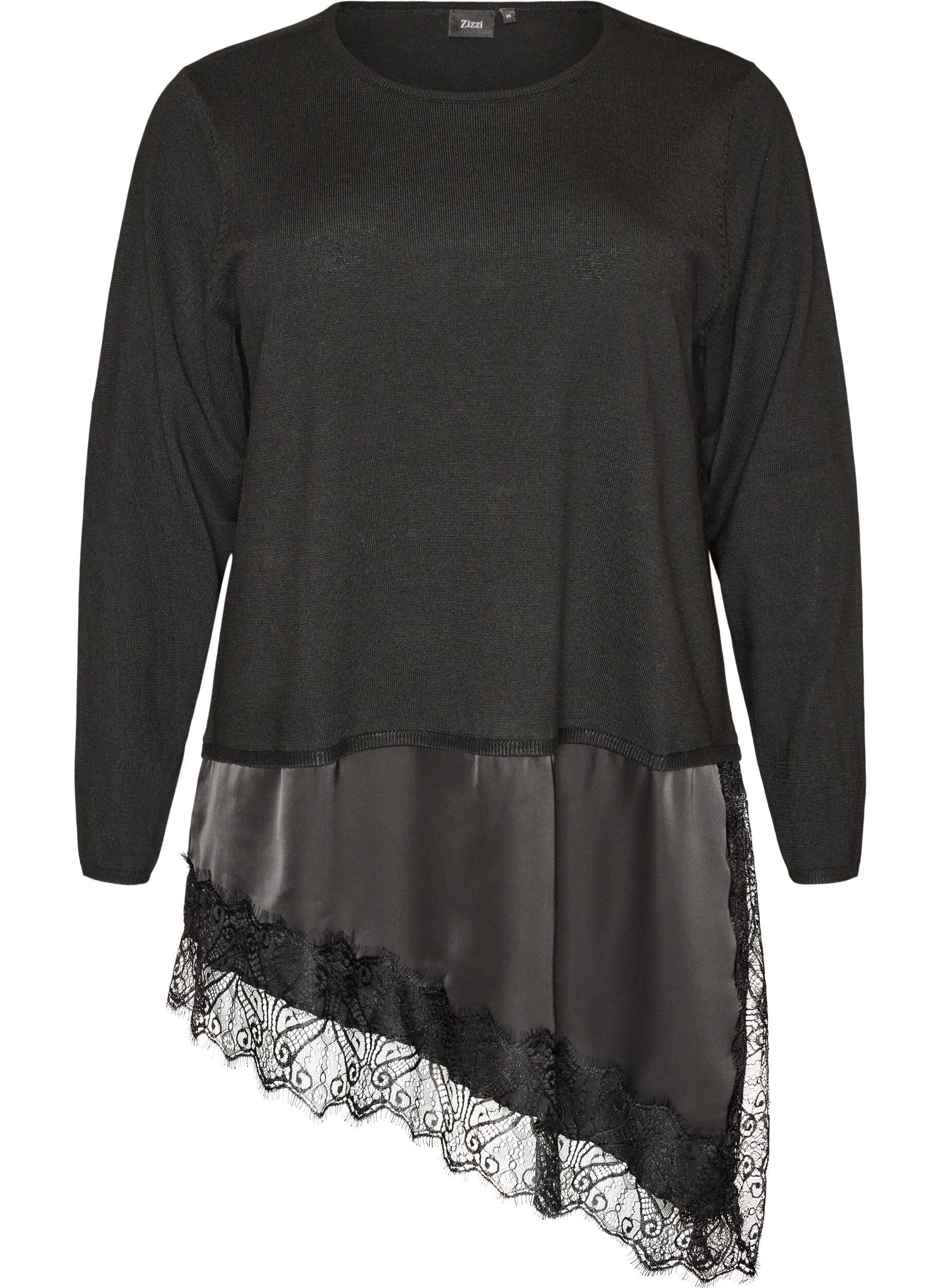 ZizziStrikkebluse med lagvis effekt og blondekant, Svart, Packshot image number 0