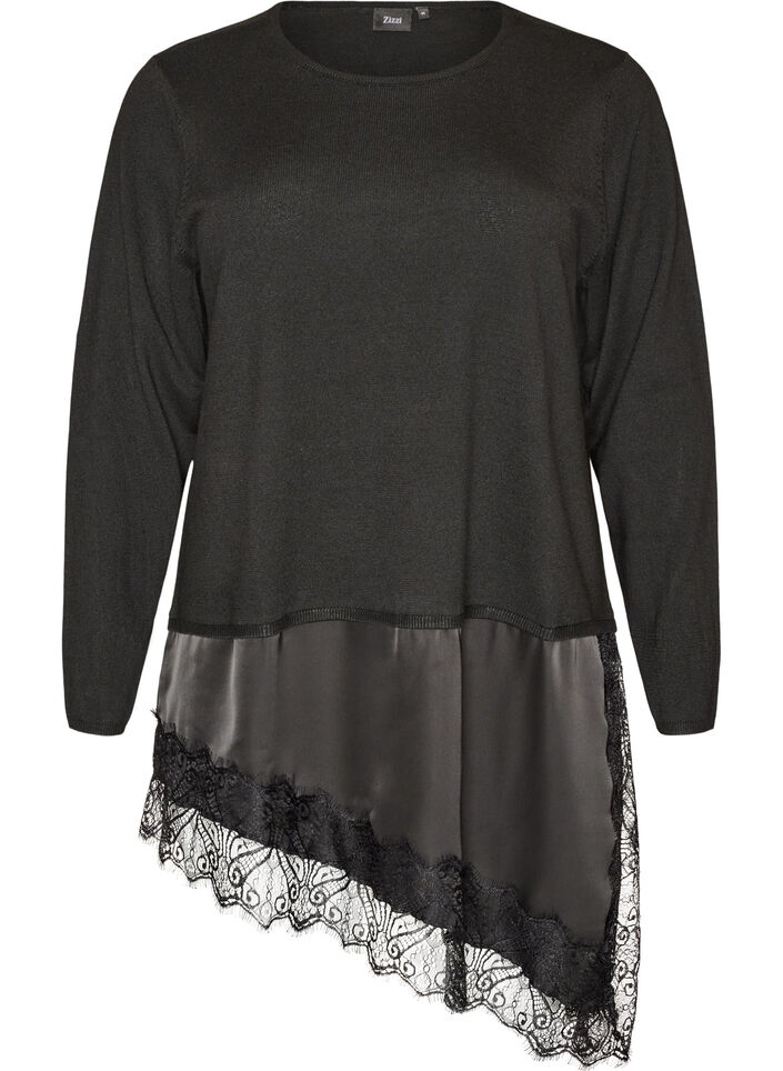 Strikkebluse med lagvis effekt og blondekant, Svart, Packshot image number 0