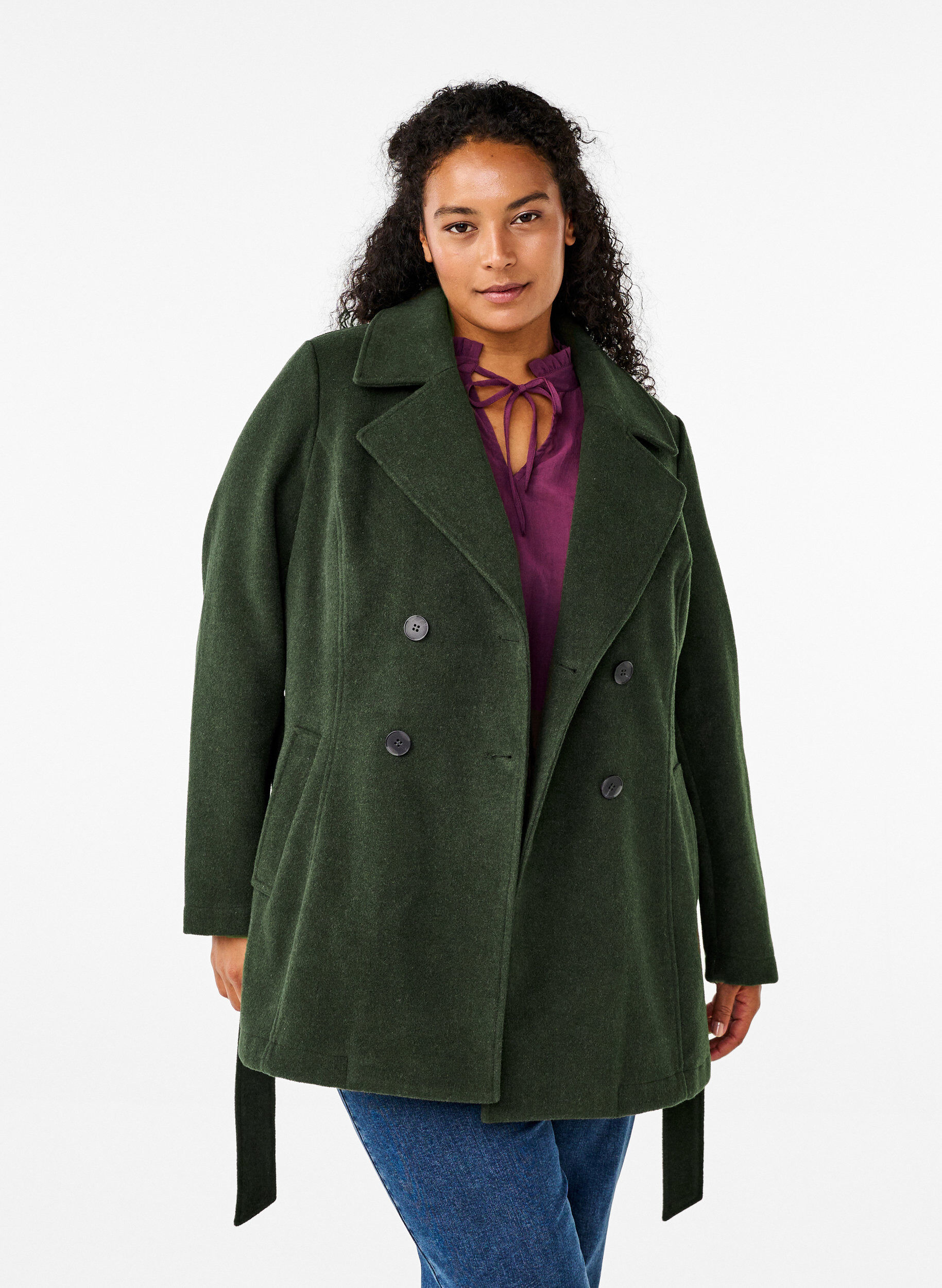 Zizzi Kort ulljakke med belte, Forest Night Mel., Model image number 0