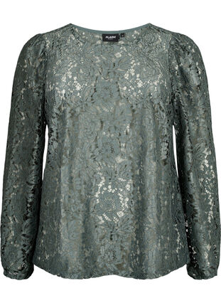 FLASH – Bluse med lange ermer og blonder, Balsam Green, Packshot image number 0