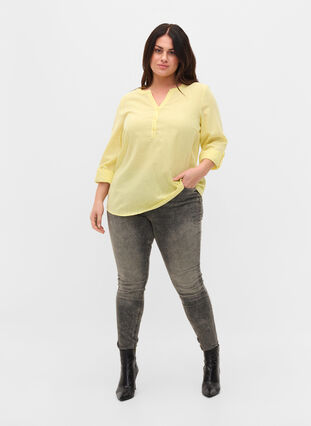 Bomullsbluse med V-hals, Yellow, Model image number 2