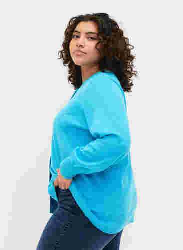 Ribbet cardigan med knappelukking, River Blue, Model image number 1