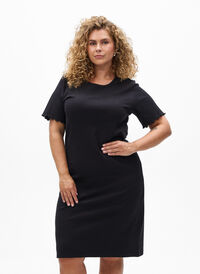 Knelang T-skjortekjole i ribbet jersey, Svart Knelang T-skjortekjole i ribbet jersey, Svart, Model