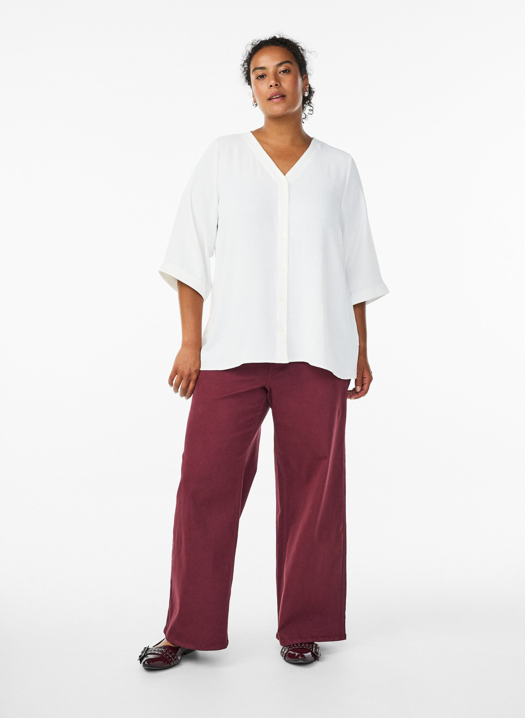 ZizziSkjortebluse med v-hals og 3/4 ermer, Vanilje, Model image number 1