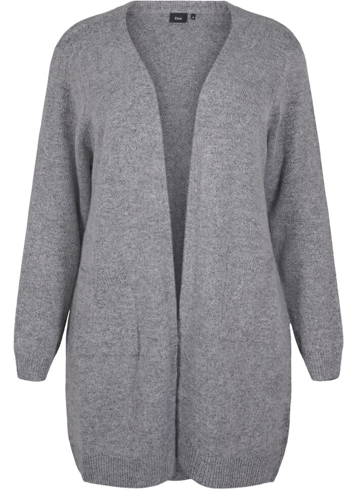 Lang strikket cardigan med lommer, Grå, Packshot image number 0
