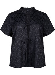 Kortermet jacquardbluse med bånd, Black